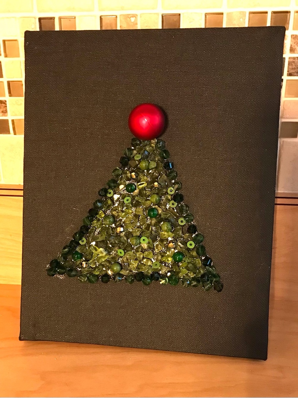 Hand crafted Green Beaded Holiday Tree Canvas with Red Ornament Accent